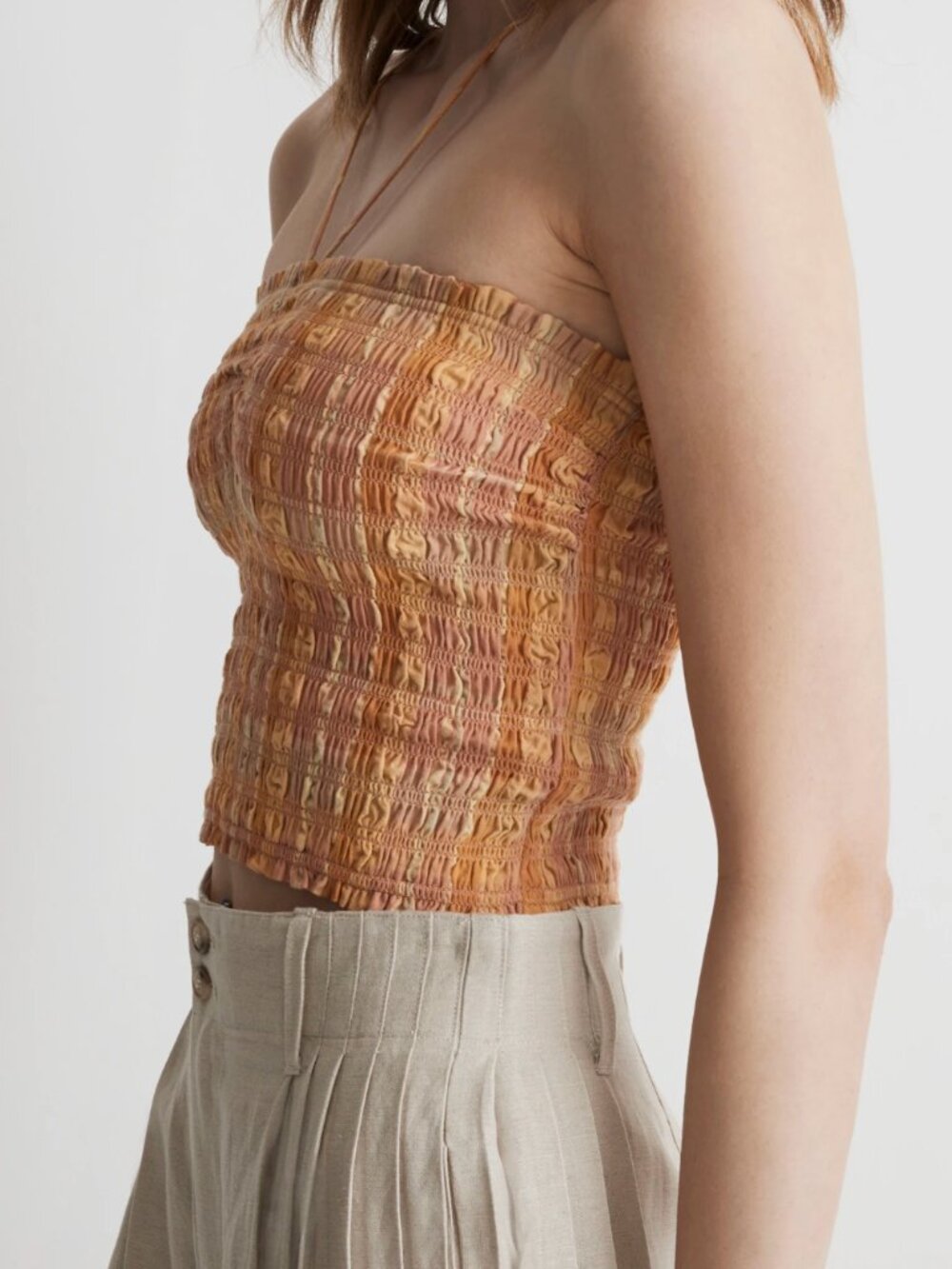 Madewell Poplin Smocked Halter Crop Top in Ground Clay